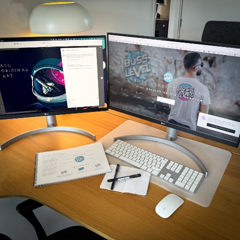 Photo of two computer displays showing the brand implementation and Instagram post for the brand Boss Level Clothing. A note pad and open brand book appears on the desk.